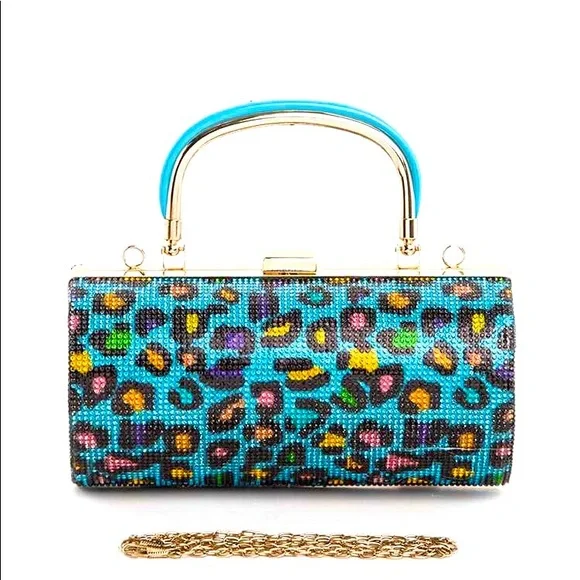 Teal & Orange Gold Chain Animal Print Rhinestone Top Handle Clutch - Picture 1 of 1